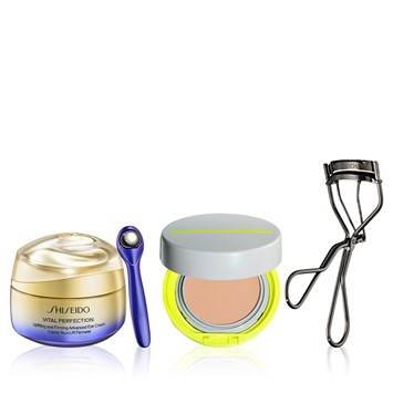 SHISEIDO - INSTANT EYE & GLOW ROUTINE - Retinol İçeren Sıkılaştırıcı Göz Kremi & Güneş Koruyucu Kompakt BB Krem & Kirpik Kıvırıcı Seti